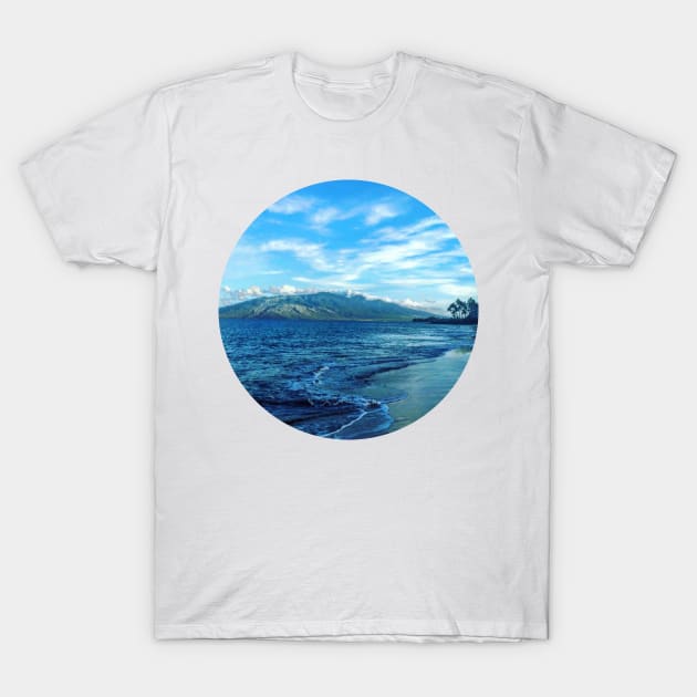 Blue Ocean Summer Beach Waves With Green Mountains And Palm Trees At The Back Under The Clear Blue Sky T-Shirt by AishwaryaMathur